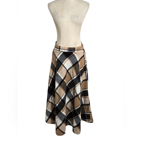 Tan And Black Plaid Wool Blend Midi Skirt - Picture 1 of 9